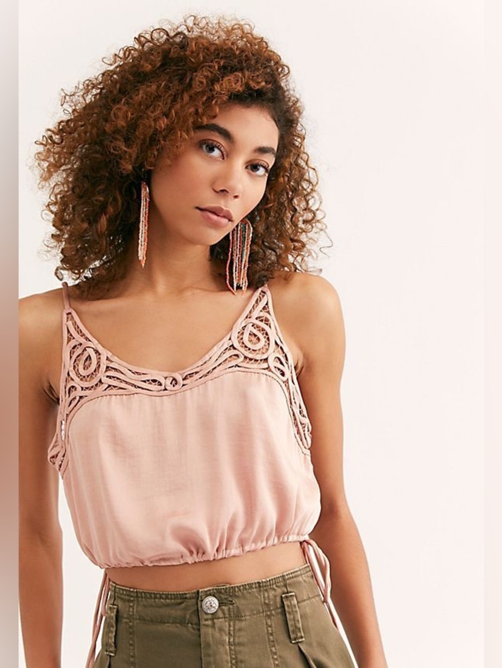 Free People Blush Pink Crochet Lace Drawstring Crop Cami Top Size M